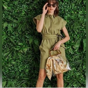 LDT Dax Tie Waist Button Down Collar Short Sleeve Green Sheath Shirt Dress Sz 6